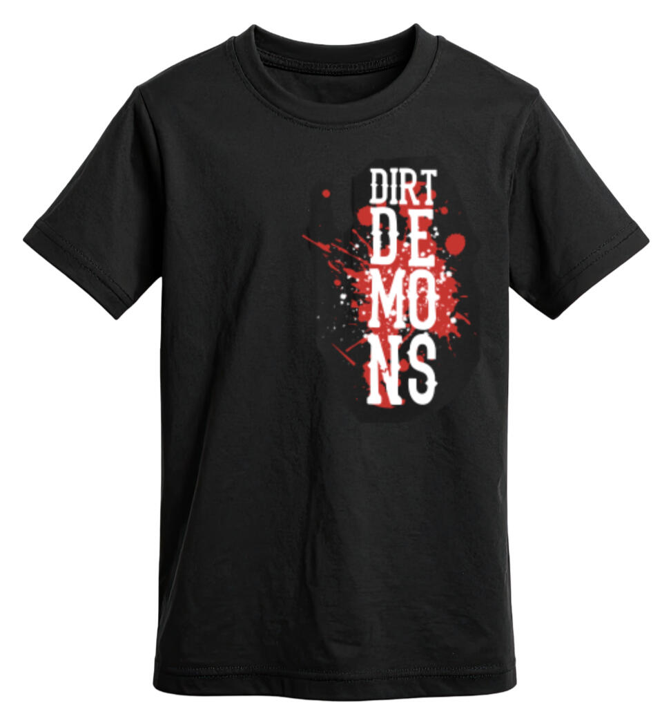 Black t-shirt front with Dirt Demons logo