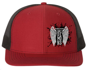 Red and black trucker hat with Dirt Demons logo